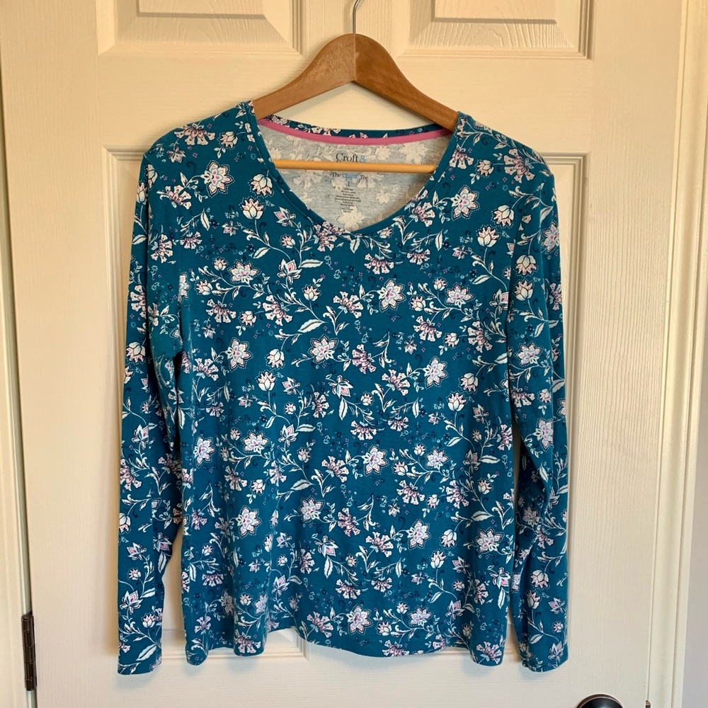 Croft & Barrow Teal Floral Long Sleeve V-Neck T-Shirt - Large